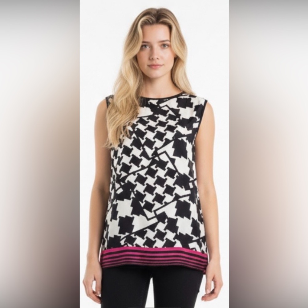 CARLISLE 100% Silk Blouse Sleeveless Black White Pink Tank Geometric Striped